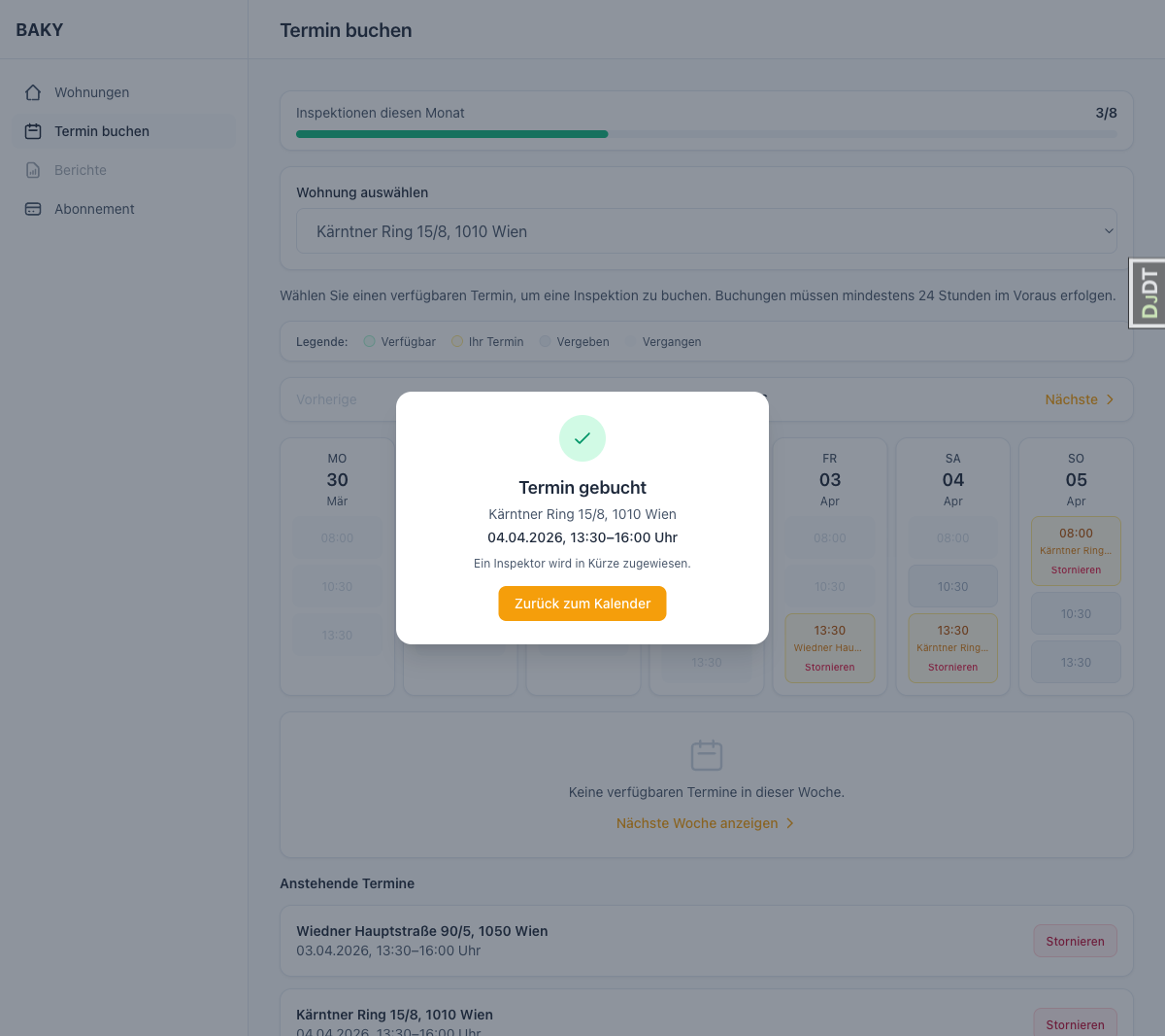 BAKY Buchungsbestätigung im Dashboard